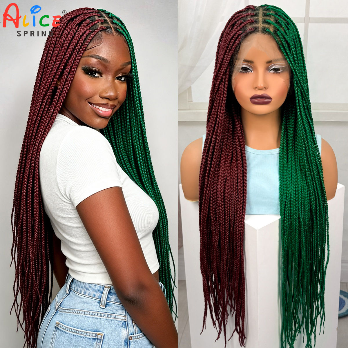 36inch Red-Green Box Braided W - đánh giá và giá Synthetic Braided Wigs For Black Women